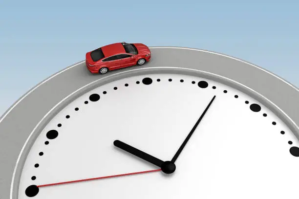 Red Car Rides Around Edge Clock. 3d Rendering